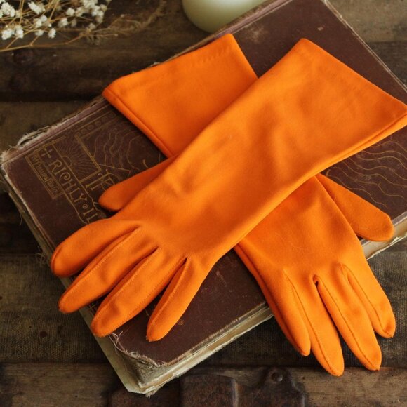 Vintage 1960s Gloves, Orange Nylon Gloves, One Size Fits All, Matinee Length - Picture 1 of 10